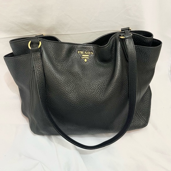Prada Handbags - Prada Saffiano Caviar Leather Black/Gold Heavy Duty Shoulder Bag